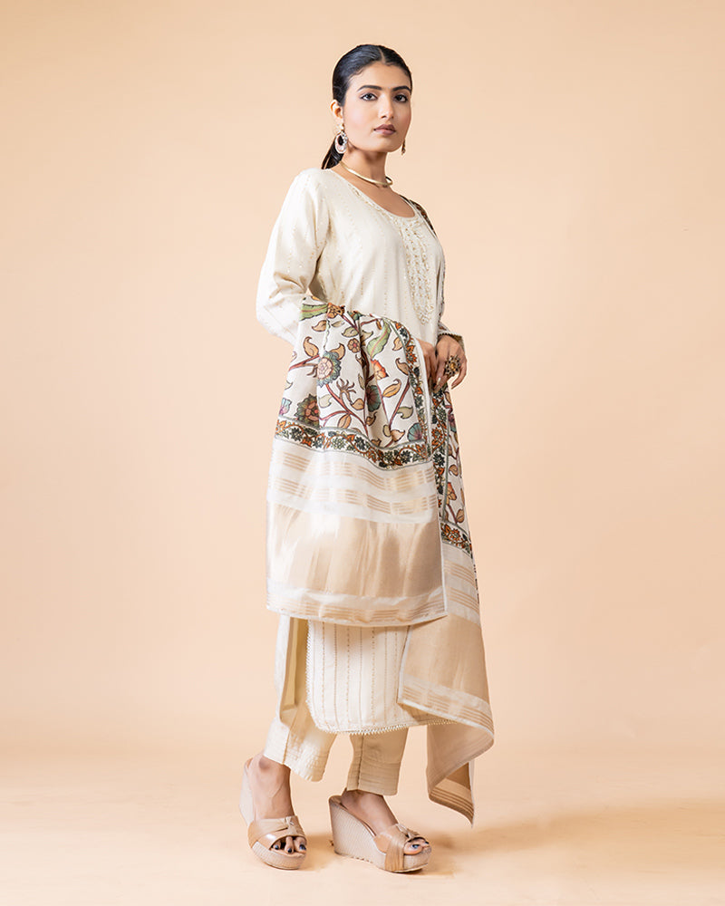 Cream Salwar Suit Set with Sequined Top and Fully Printed Dupatta