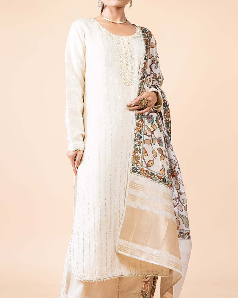 Cream Salwar Suit Set with Sequined Top and Fully Printed Dupatta