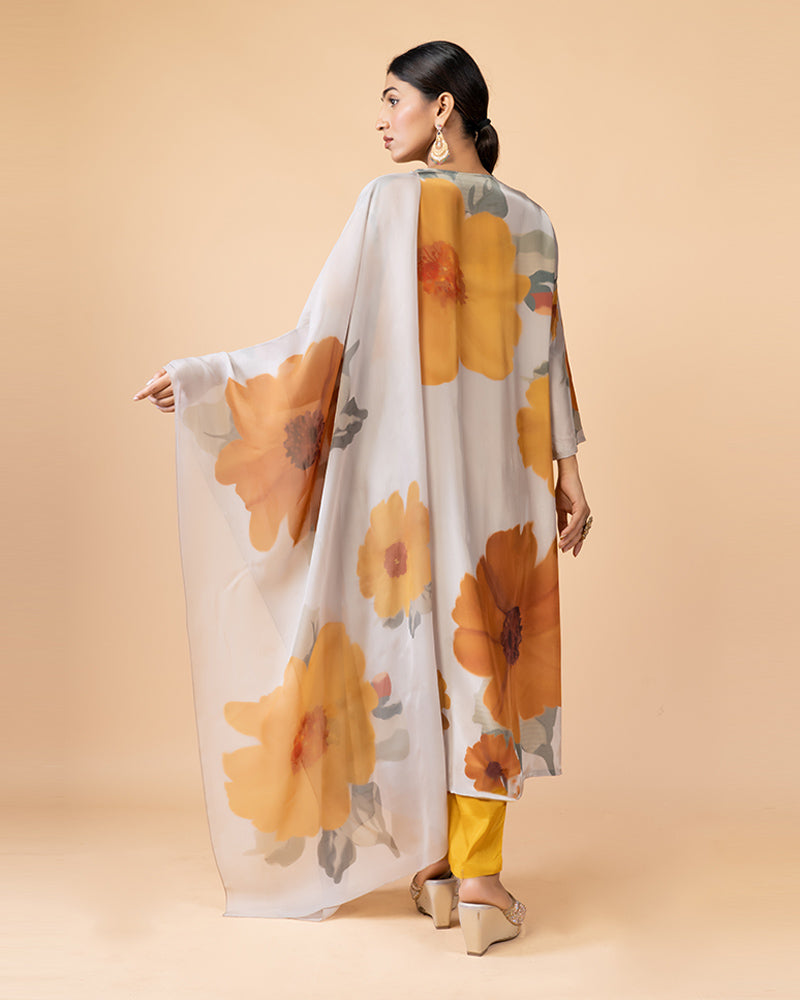 Cream Silk Salwar Kameez with Oversized Floral Print