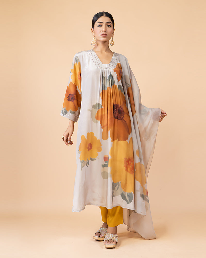 Cream Silk Salwar Kameez with Oversized Floral Print