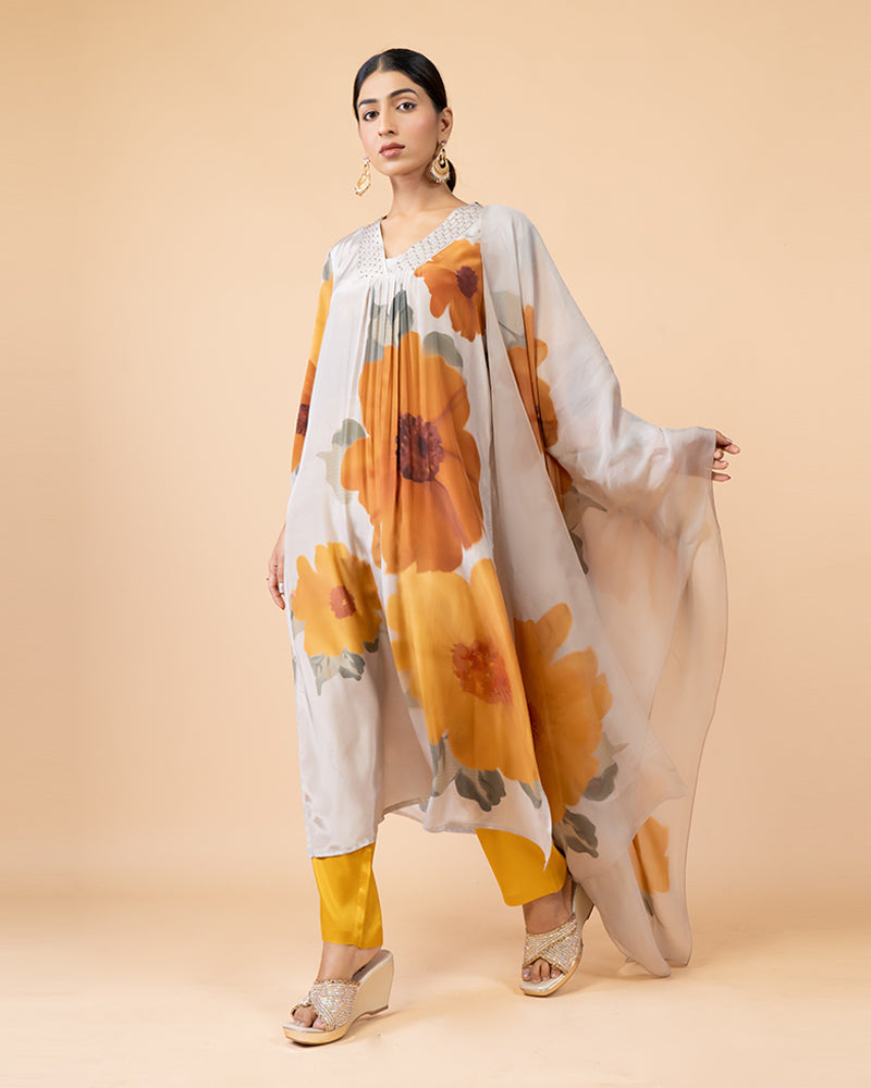 Cream Silk Salwar Kameez with Oversized Floral Print