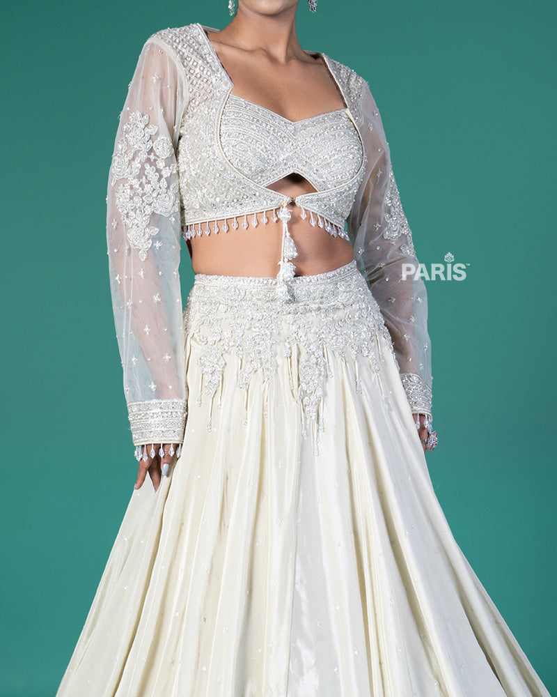 Cream Embellished Lehenga and Cropped Choli with Jacket 03