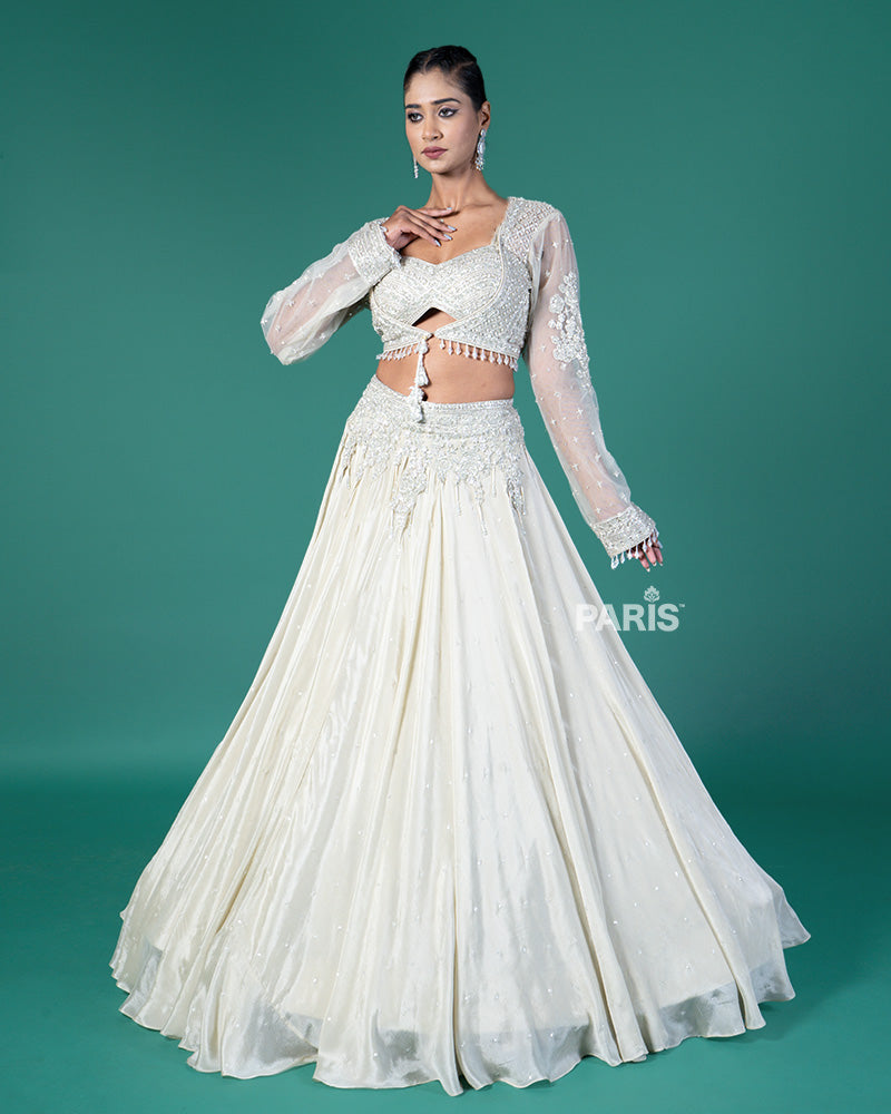 Cream Embellished Lehenga and Cropped Choli with Jacket 04