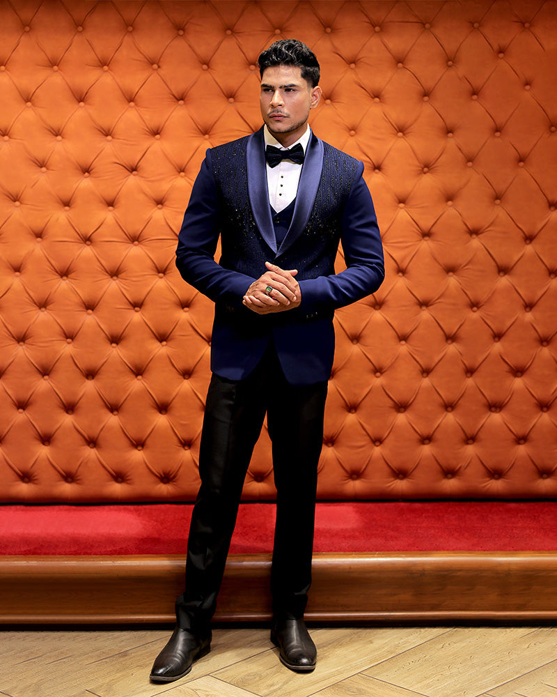 Dark Blue Cotton Silk Tuxedo Suit for Men