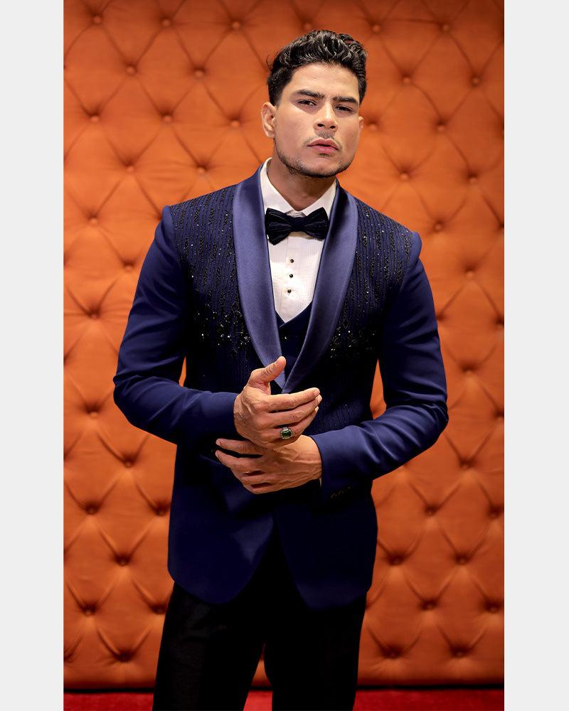 Dark Blue Cotton Silk Tuxedo Suit for Men