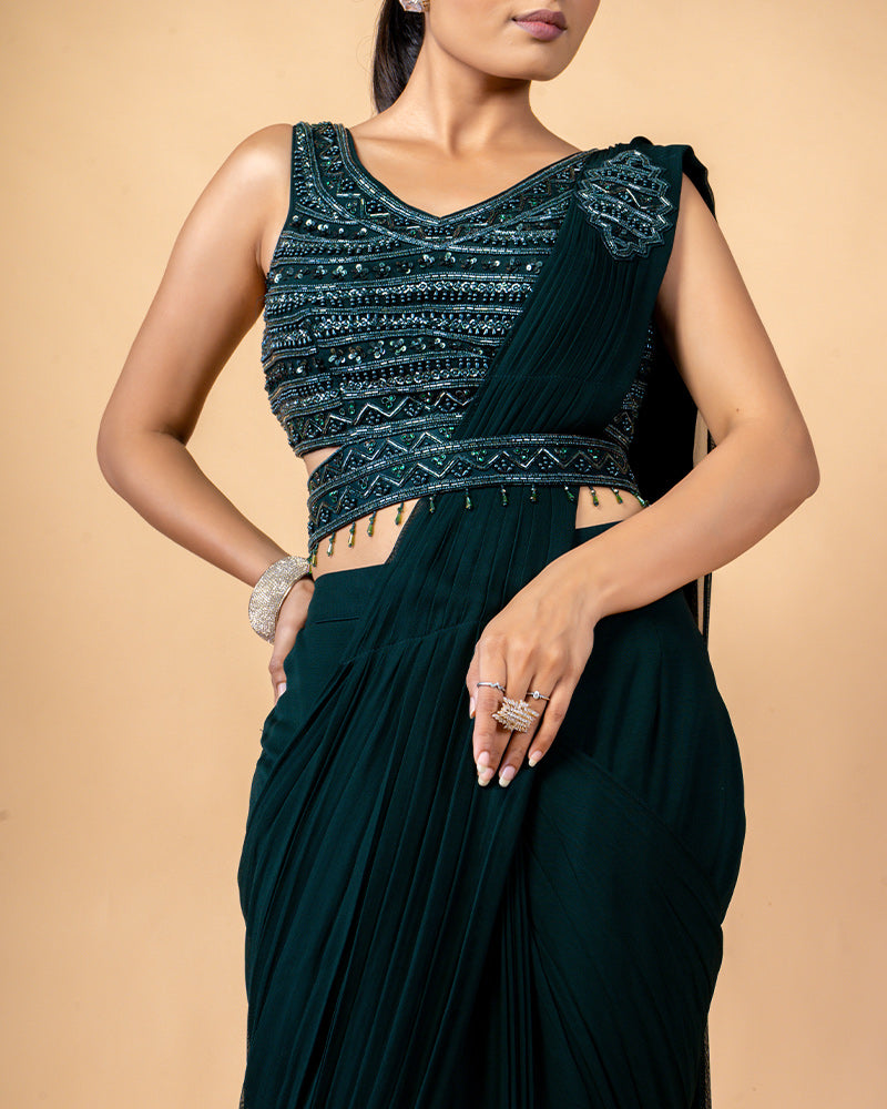 Dark Green Ready-to-Wear Saree with Ruffle Pallu