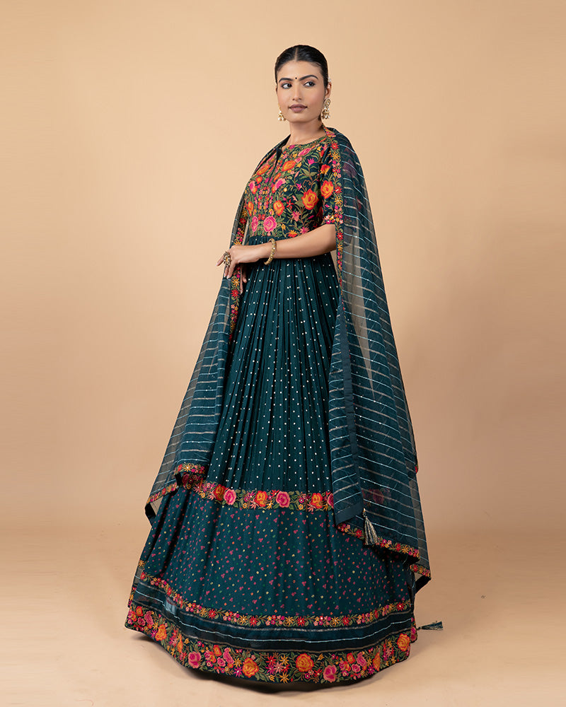 Dark Teal Anarkali Suit with Net Dupatta