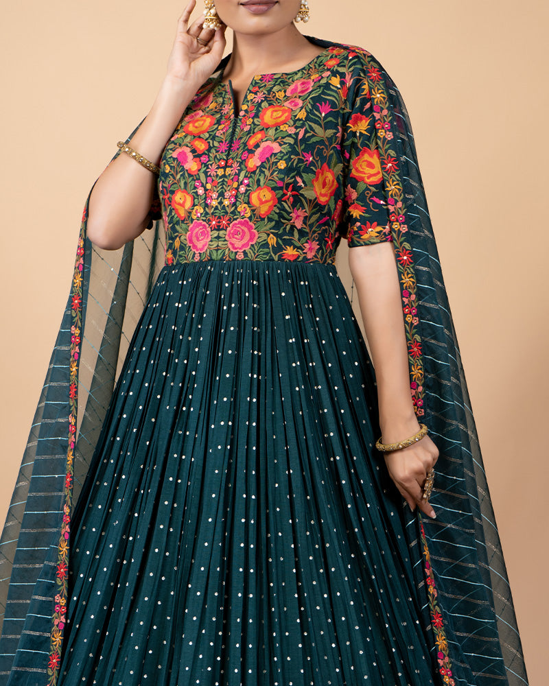 Dark Teal Anarkali Suit with Net Dupatta