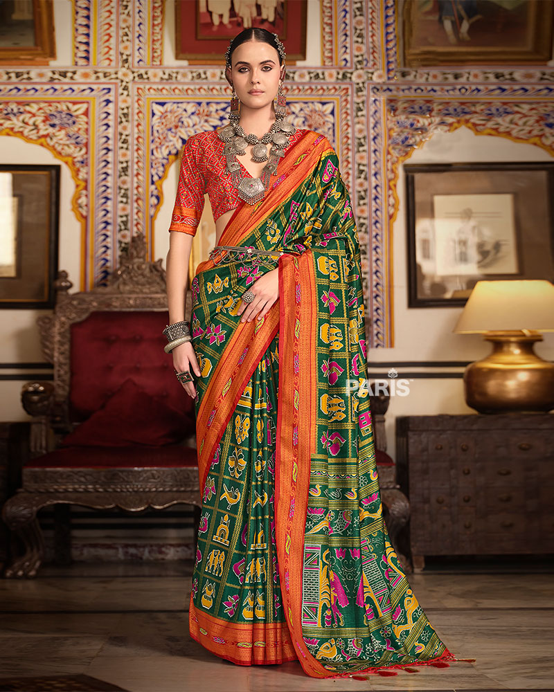 Dark Green Printed Patola Silk Saree with Unstitched Blouse 01