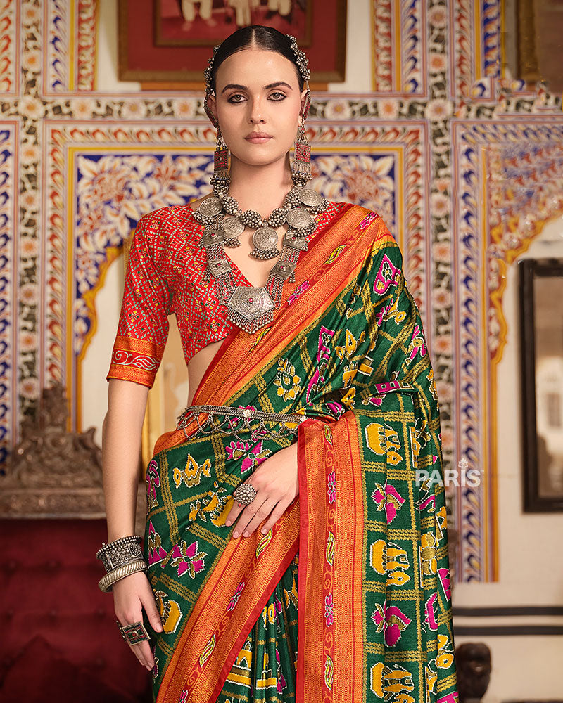 Dark Green Printed Patola Silk Saree with Unstitched Blouse 02