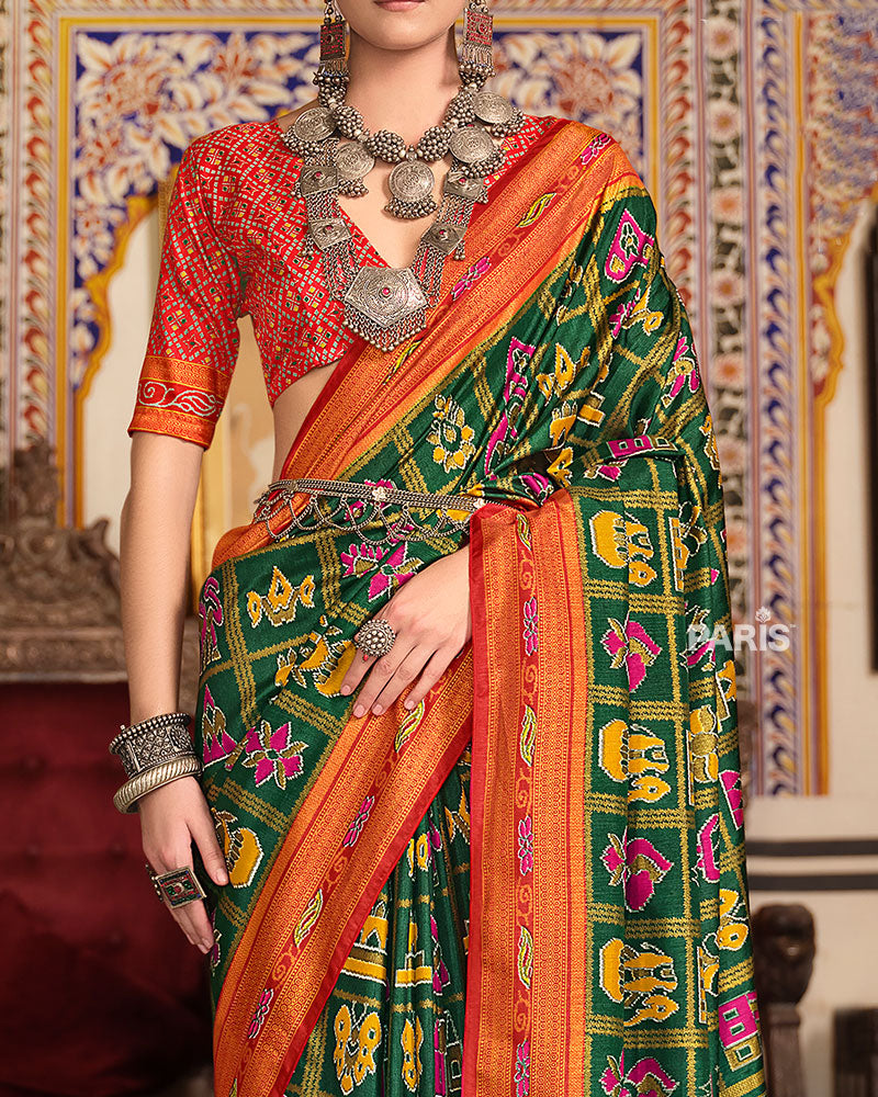 Dark Green Printed Patola Silk Saree with Unstitched Blouse 03