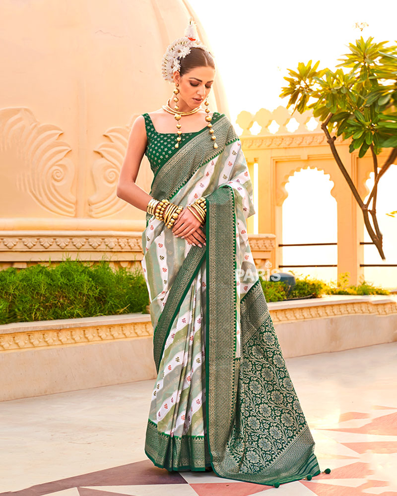 Dark Green Printed Silk Saree with Unstitched Blouse 01