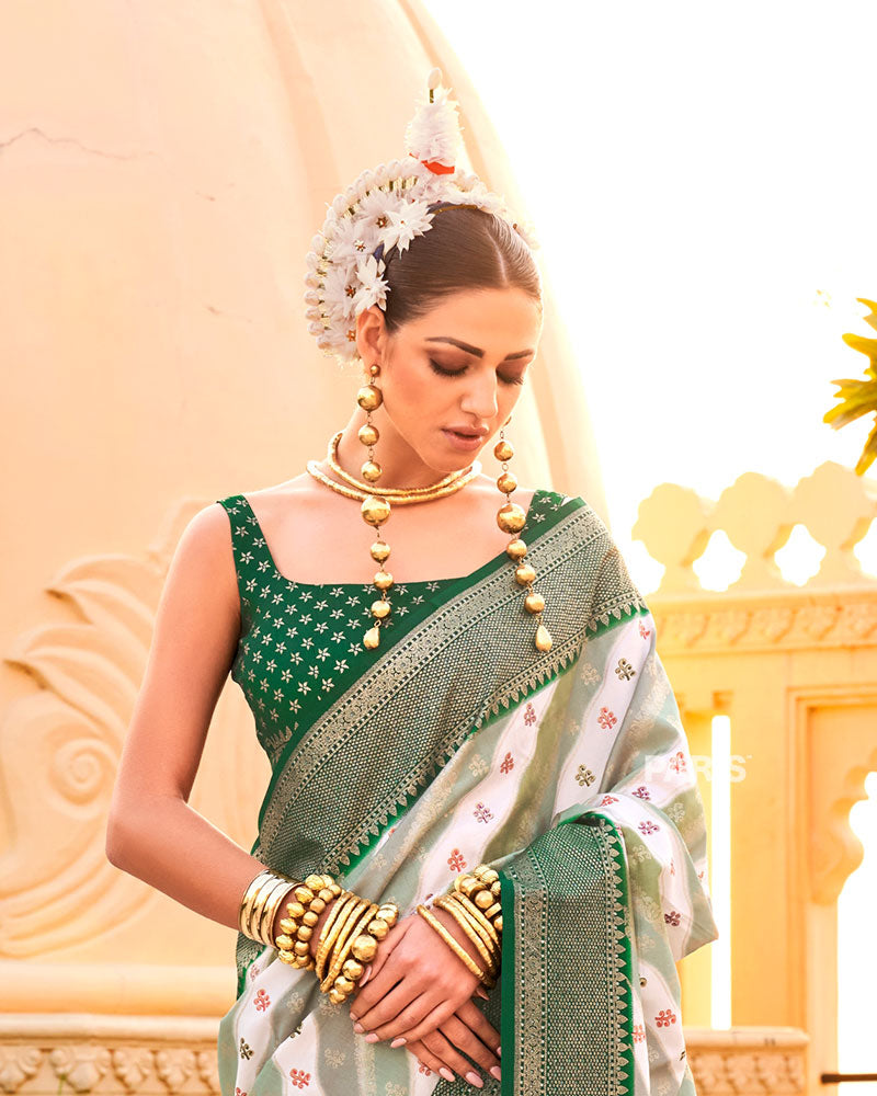 Dark Green Printed Silk Saree with Unstitched Blouse 02