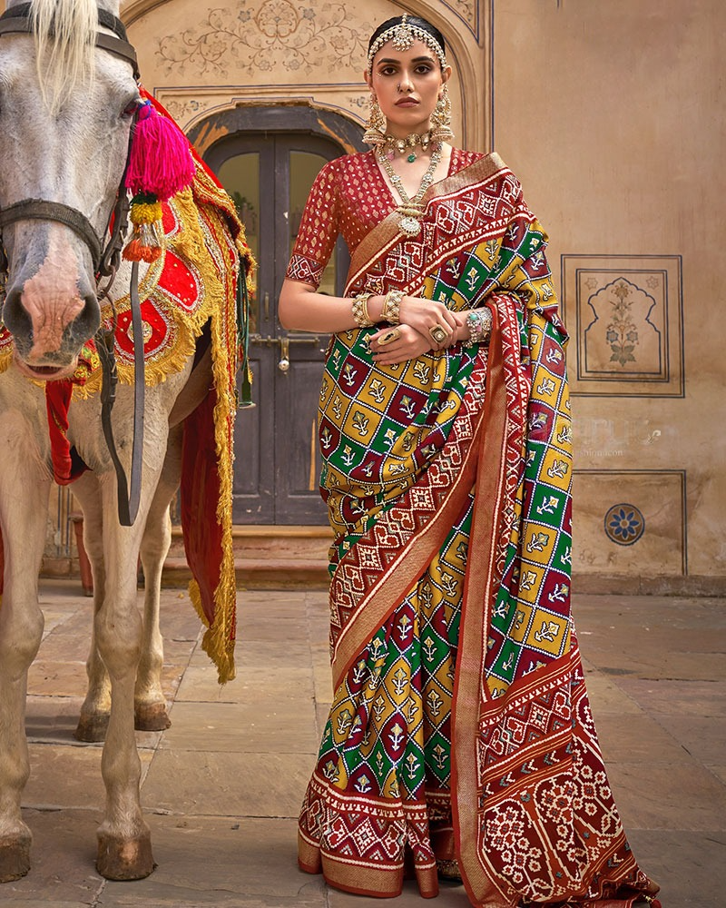 Ikkat Pure Cotton Silk Saree in Multi-Color With Red minimal zari border