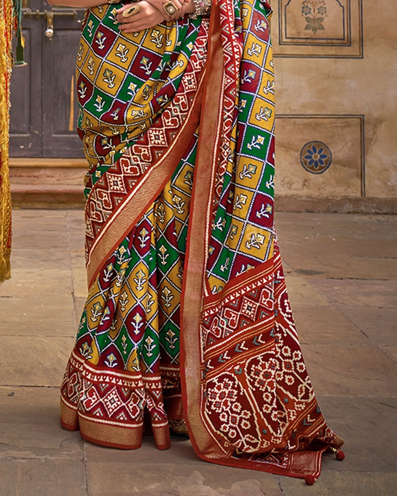 Ikkat Pure Cotton Silk Saree in Multi-Color With Red minimal zari border