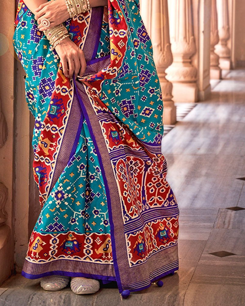 Ikkat Pure Cotton Silk Saree in Teal Blue With Purple minimal zari border