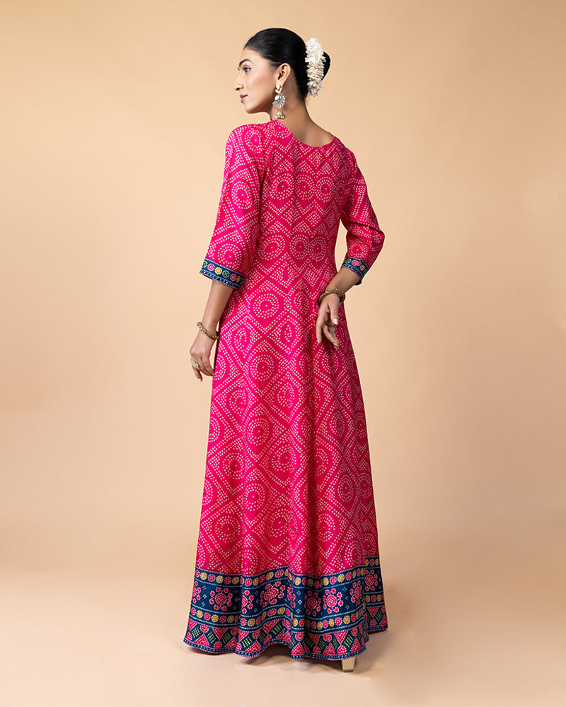 Deep Pink Bandhej Print Full-Length Anarkali Gown