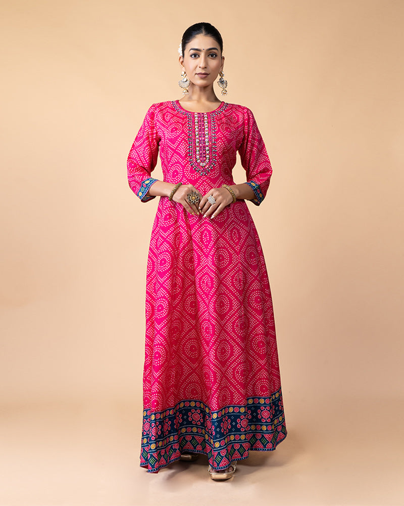 Deep Pink Bandhej Print Full-Length Anarkali Gown