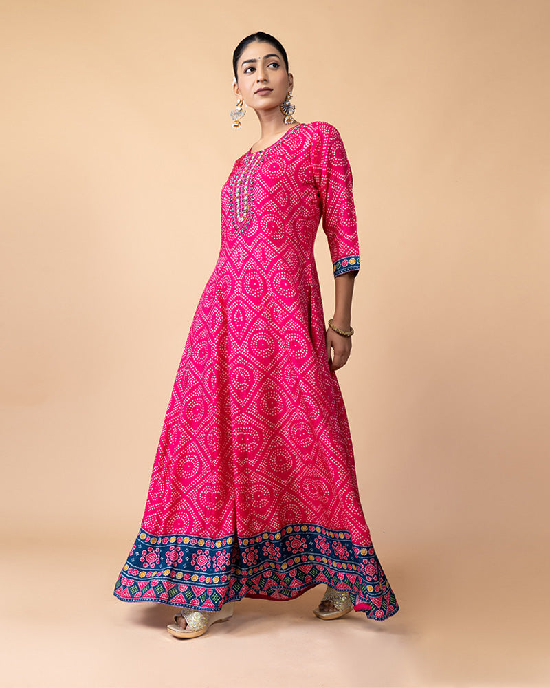 Deep Pink Bandhej Print Full-Length Anarkali Gown