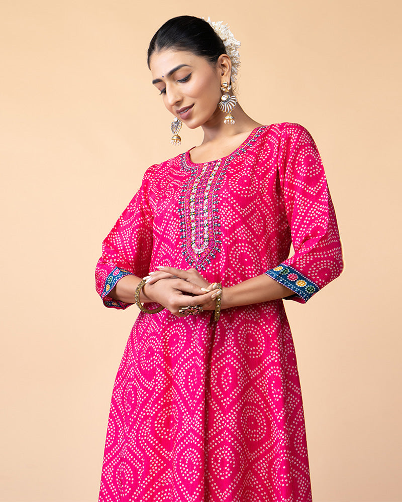 Deep Pink Bandhej Print Full-Length Anarkali Gown