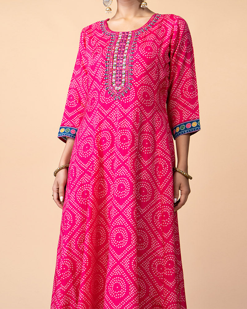 Deep Pink Bandhej Print Full-Length Anarkali Gown