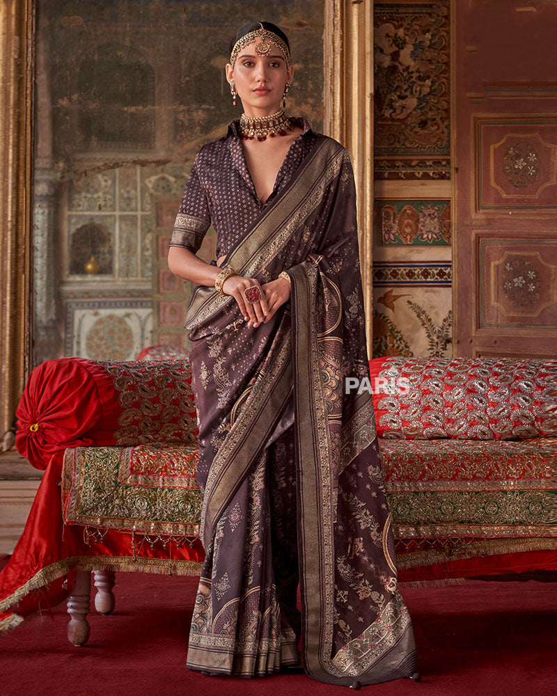 Deep Coffee Brown Printed Silk Saree with Unstitched Blouse 01