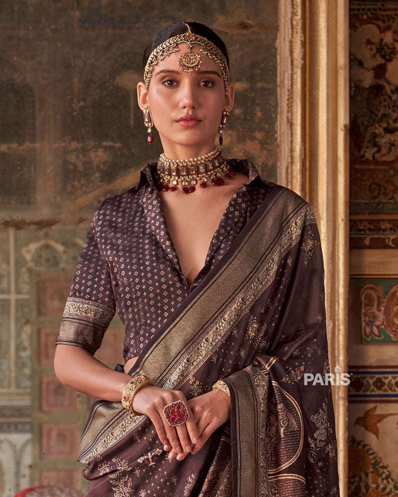Deep Coffee Brown Printed Silk Saree with Unstitched Blouse 02
