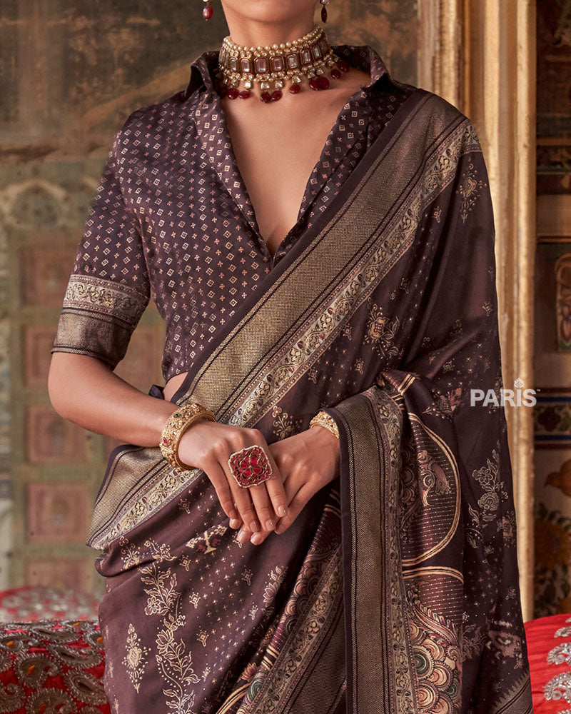 Deep Coffee Brown Printed Silk Saree with Unstitched Blouse 03