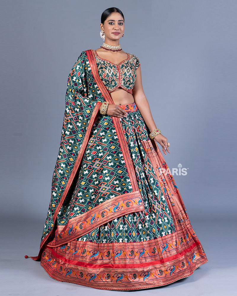  Deep Green Lehenga Choli with Contrast Red Border and Dupatta 01