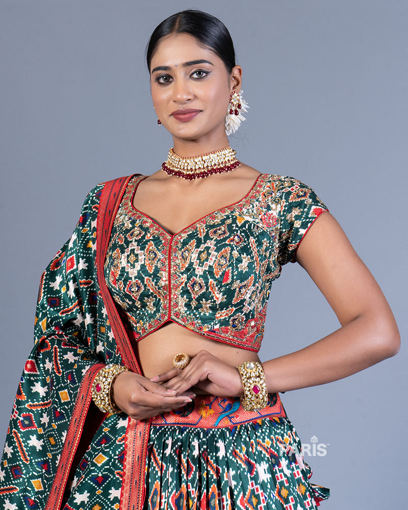  Deep Green Lehenga Choli with Contrast Red Border and Dupatta 02