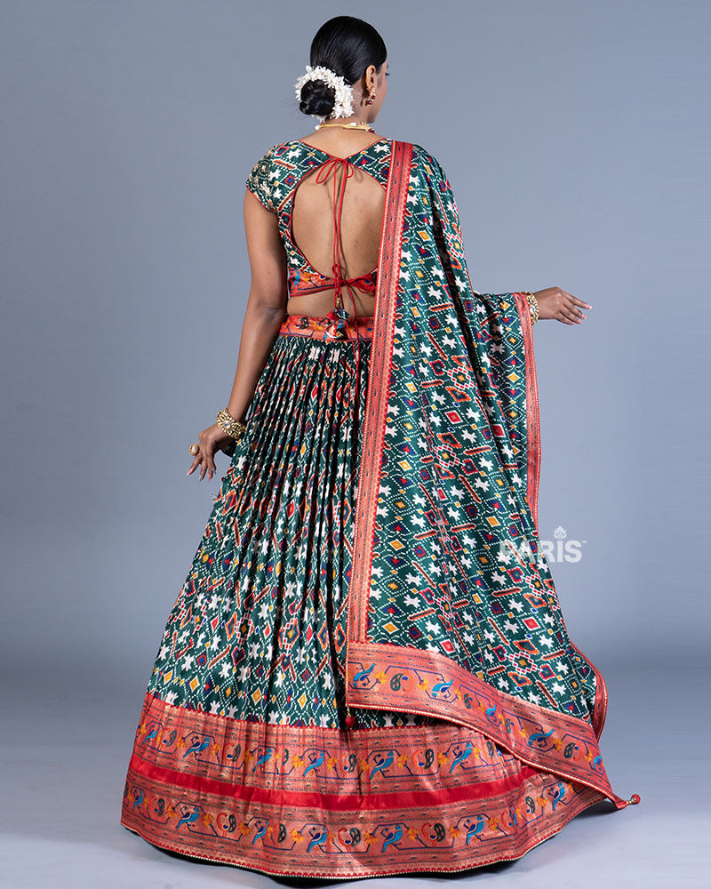  Deep Green Lehenga Choli with Contrast Red Border and Dupatta 03