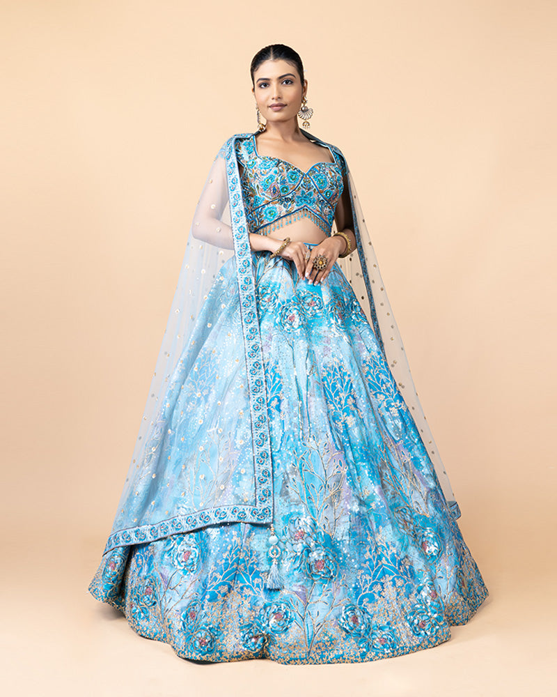 Elegant Aqua Blue Handwork Lehenga Choli