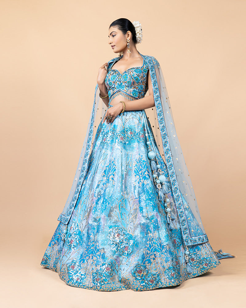 Elegant Aqua Blue Handwork Lehenga Choli