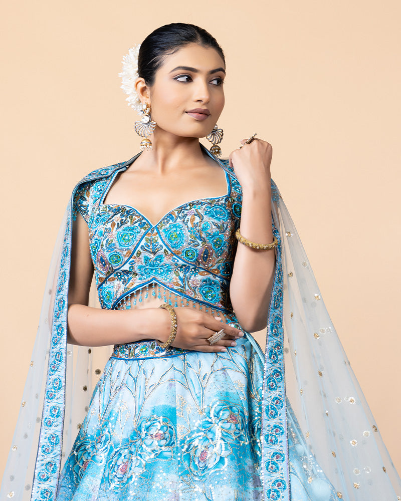 Elegant Aqua Blue Handwork Lehenga Choli