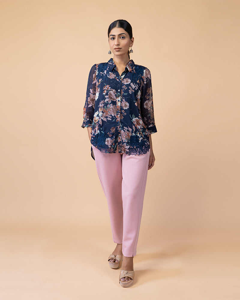 Elegant Floral Print Top with Intricate Embroidery Work