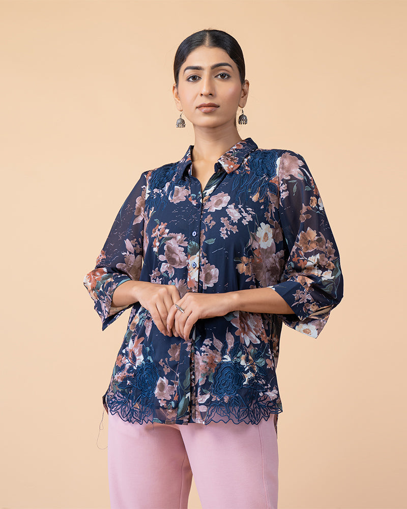 Elegant Floral Print Top with Intricate Embroidery Work