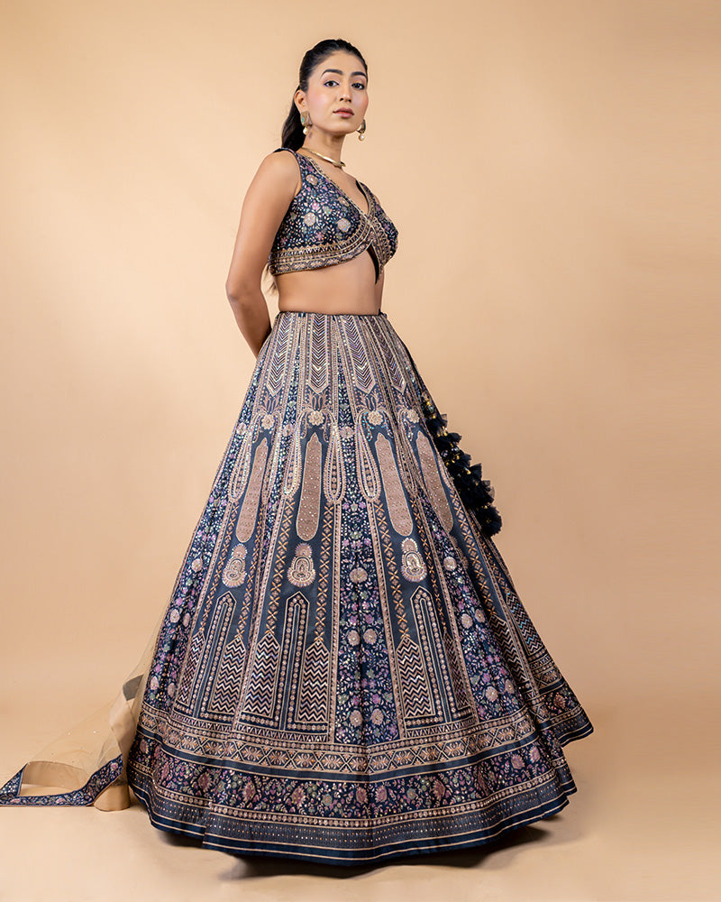 Elegant Navy Blue Lehenga Choli with Cut Dana work