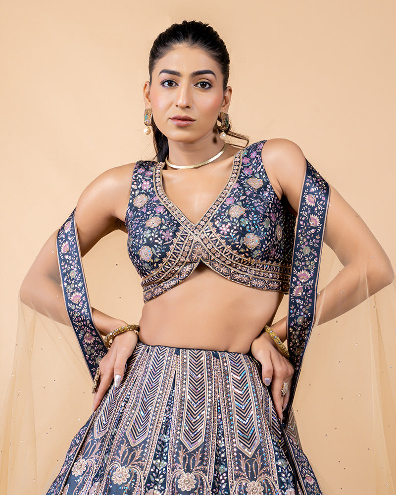 Elegant Navy Blue Lehenga Choli with Cut Dana work