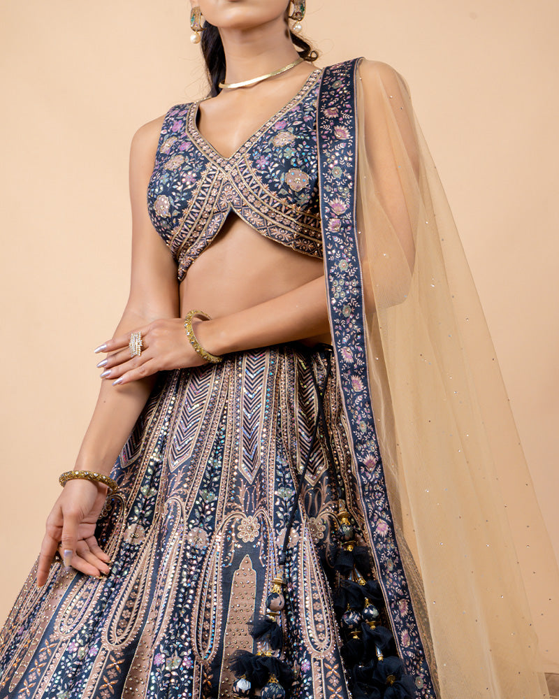 Elegant Navy Blue Lehenga Choli with Cut Dana work