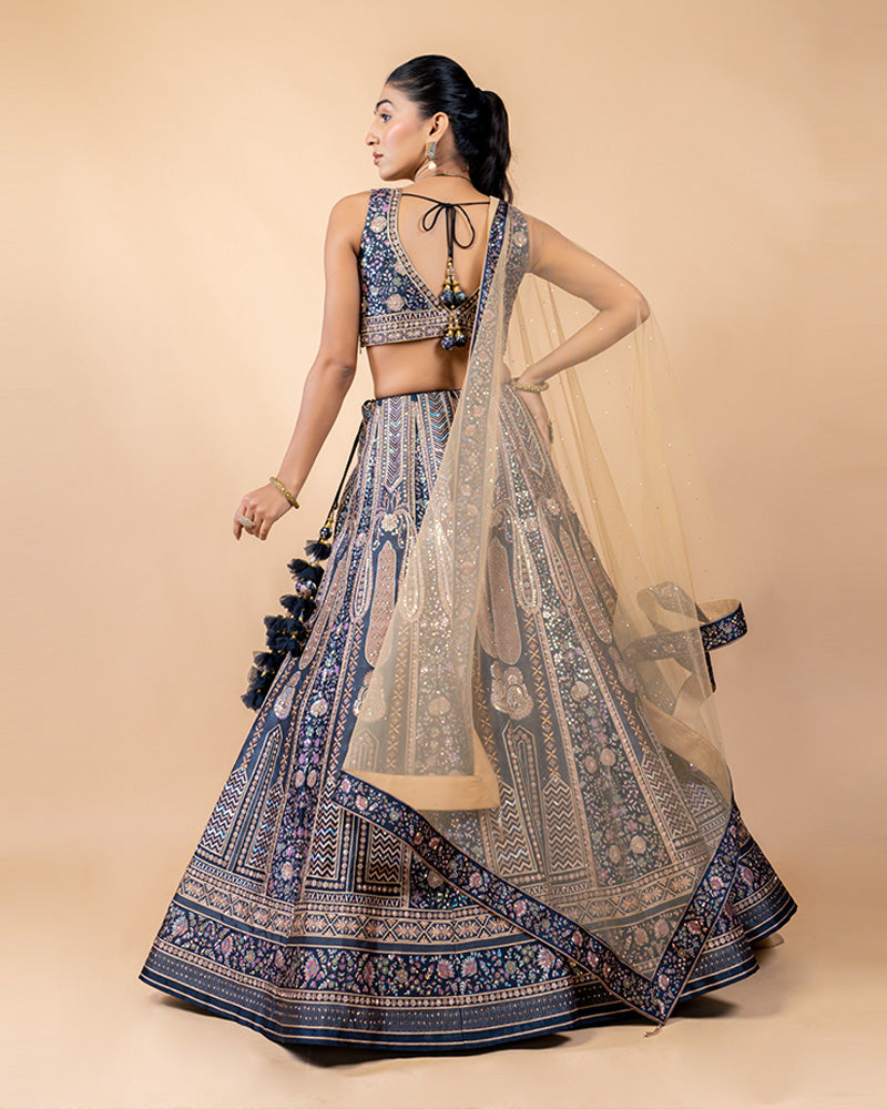 Elegant Navy Blue Lehenga Choli with Cut Dana work