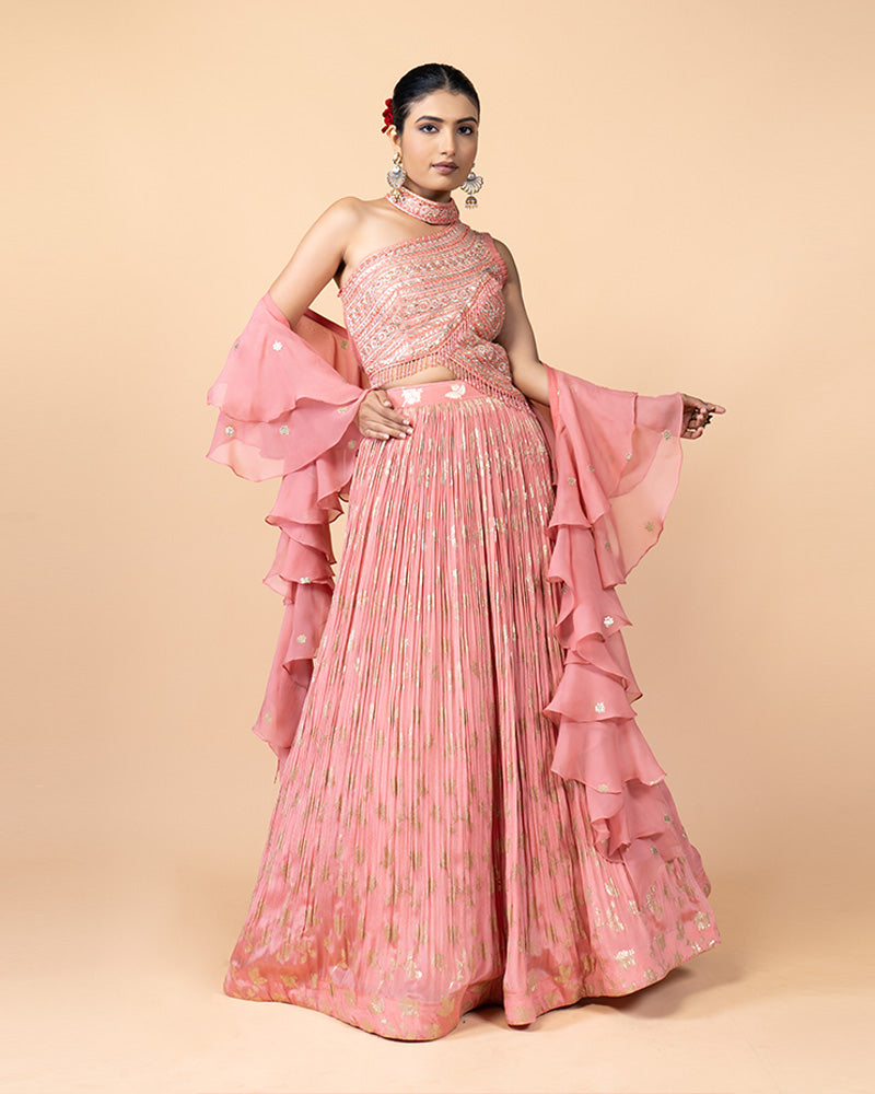 Enchanting Soft Pink Lehenga with Embellished Crop Top and Ruffled Sleeves