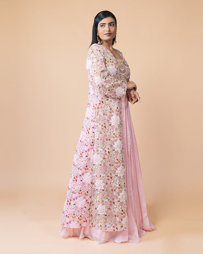 Fabulous Pink Indo-Western Look with Luxe Zari Embellished Shrug