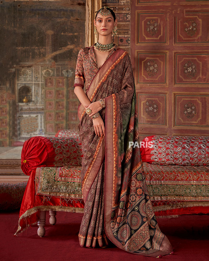 French Brown Printed Silk Saree with Unstitched Blouse 01