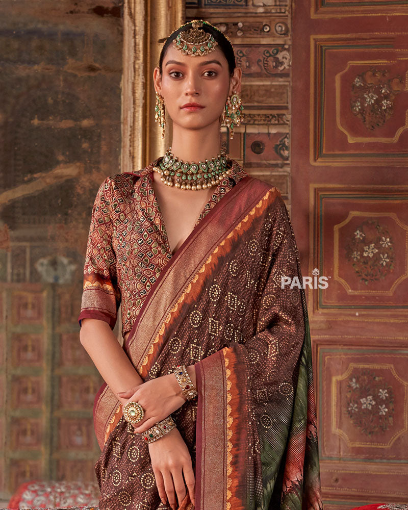 French Brown Printed Silk Saree with Unstitched Blouse 02