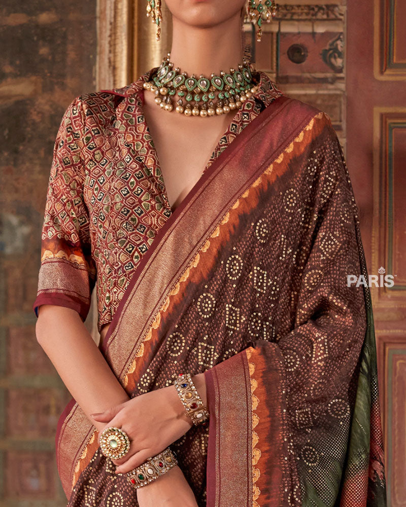 French Brown Printed Silk Saree with Unstitched Blouse 03