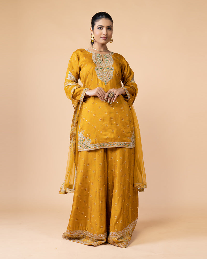 Golden Yellow Palazzo Set Embellished with Mirror Work