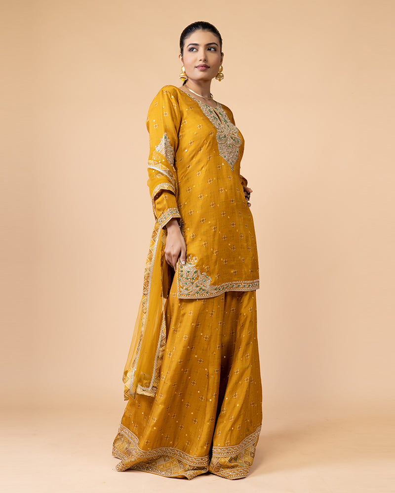 Golden Yellow Palazzo Set Embellished with Mirror Work