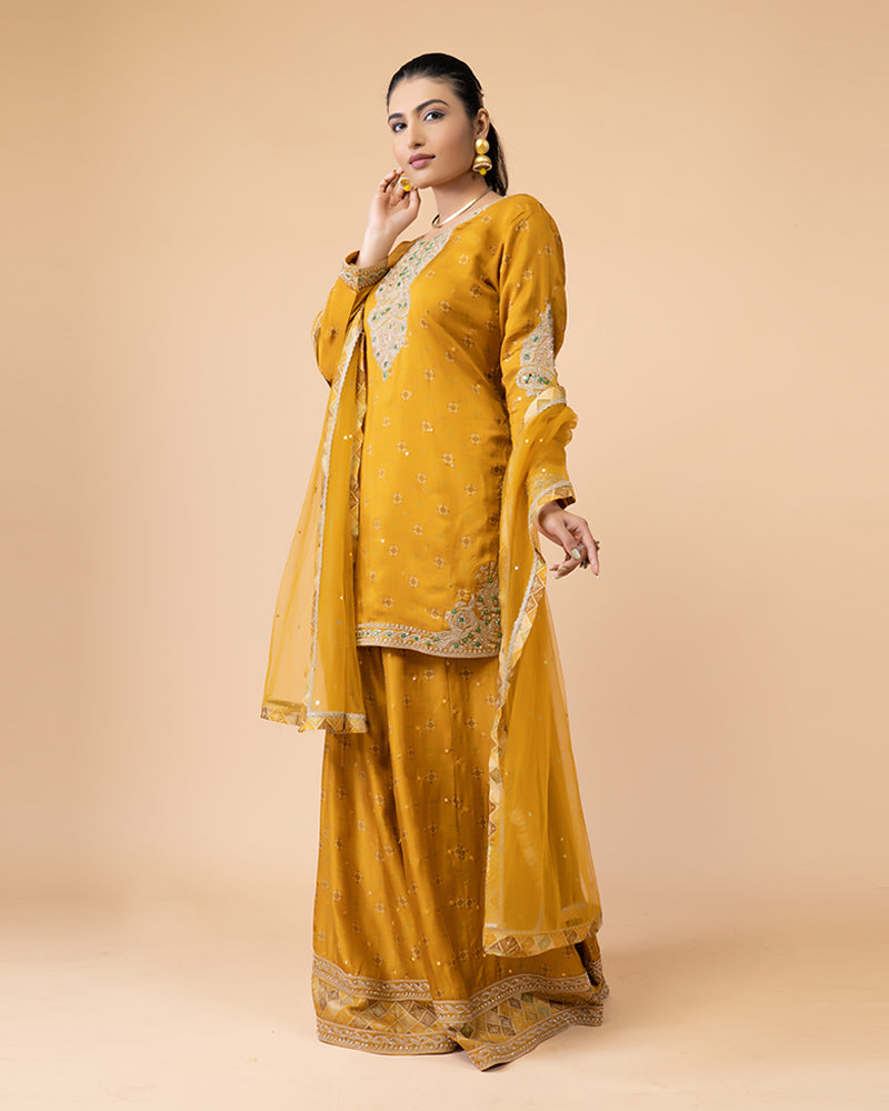 Golden Yellow Palazzo Set Embellished with Mirror Work