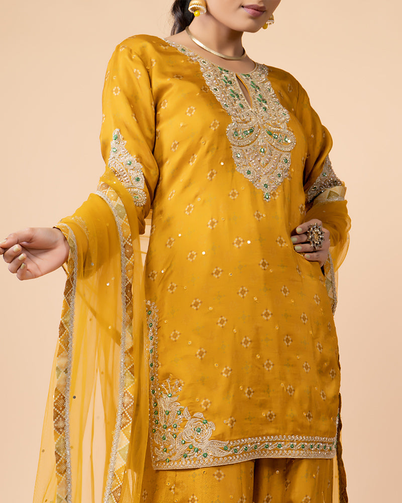 Golden Yellow Palazzo Set Embellished with Mirror Work