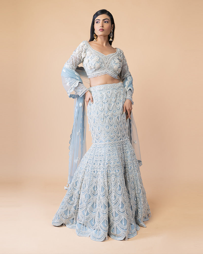 Graceful Fish Cut Blue Lehenga with Intricate Zari Handwork and Flowy Net Dupatta